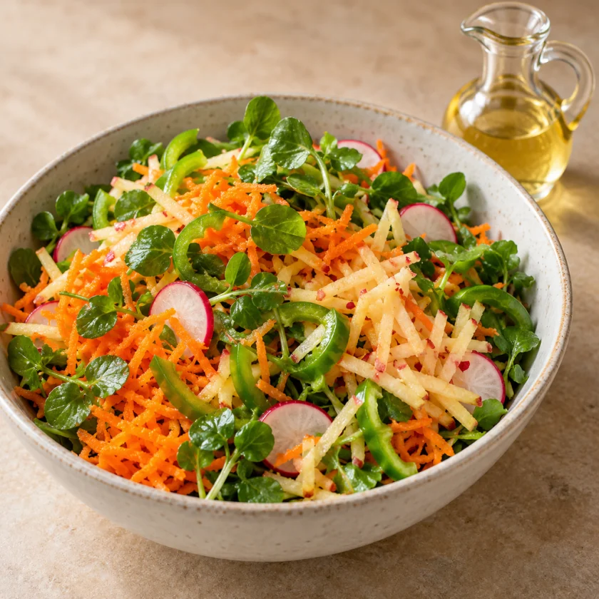 Bowl of finely grated carrot, apple, watercress, radish and green pepper with a small glass cruet