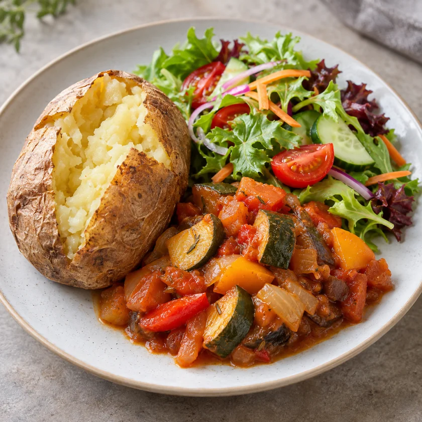 Plate of saltless baked potato, stewed vegetables and a fresh salad