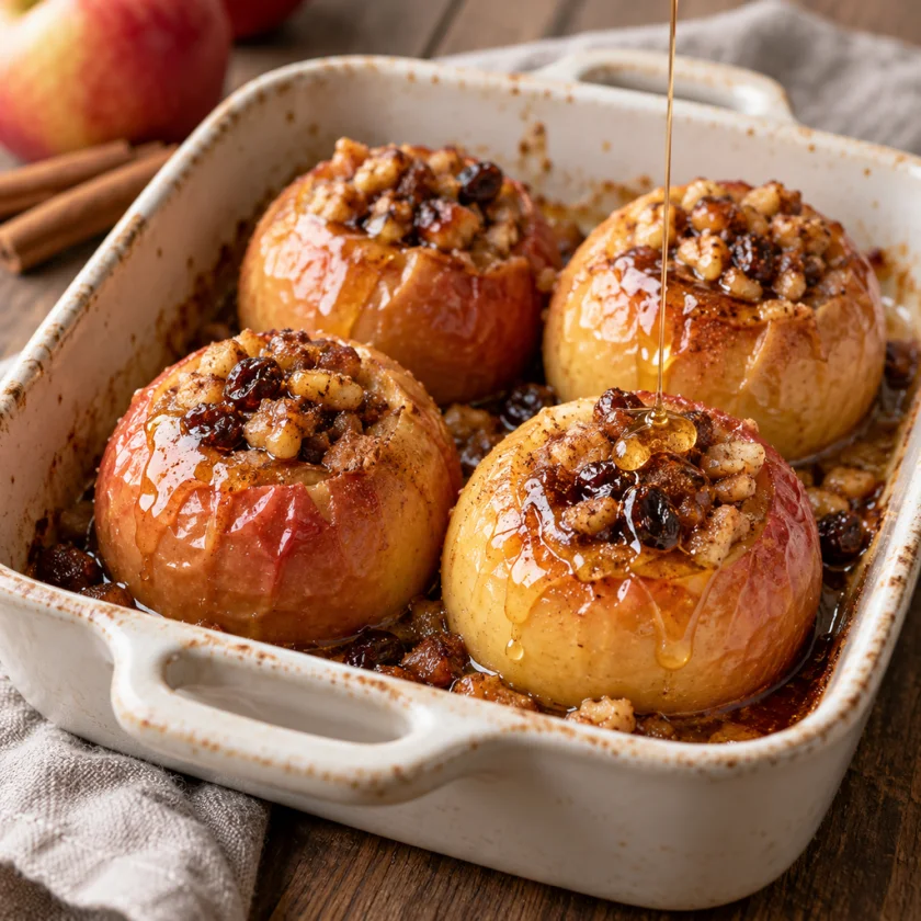 Baked apples with a drizzle of honey in a ceramic dish