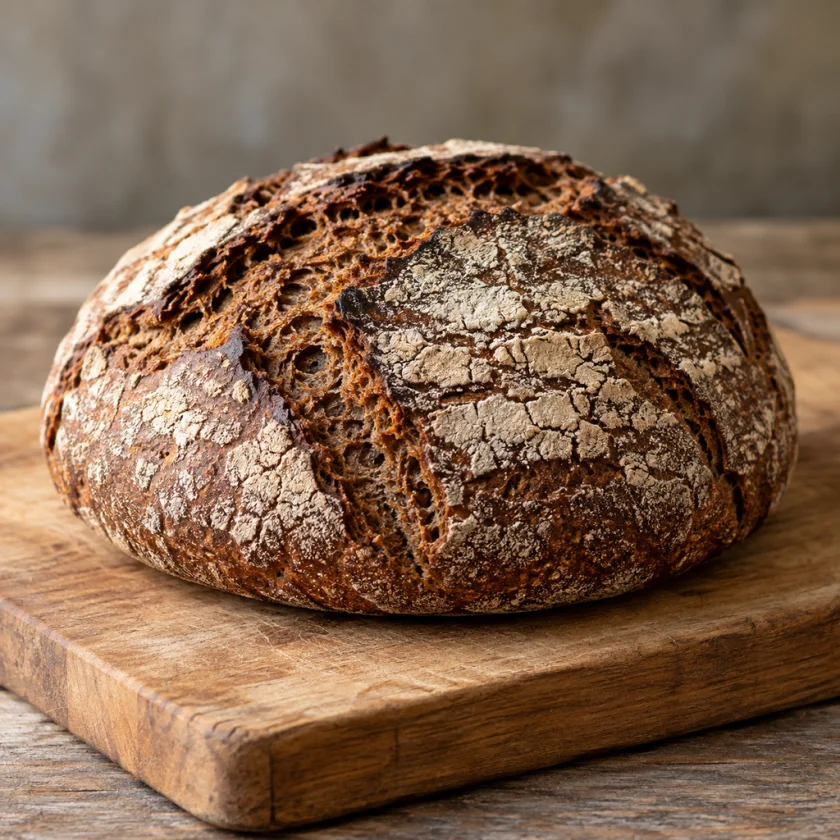 Rustic loaf of unsalted rye bread on a cutting board