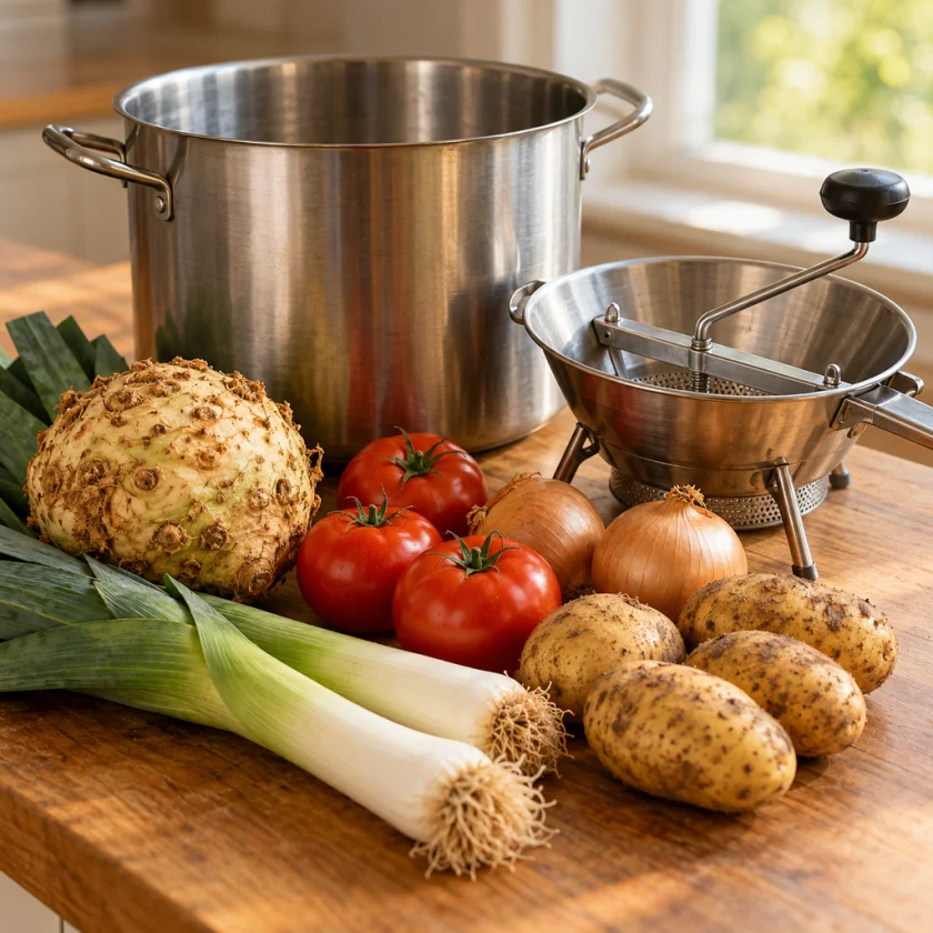 Big soup pot with scrubbed unpeeled celery root, leeks, tomatoes, onions and potatoes beside a hand-cranked food mill