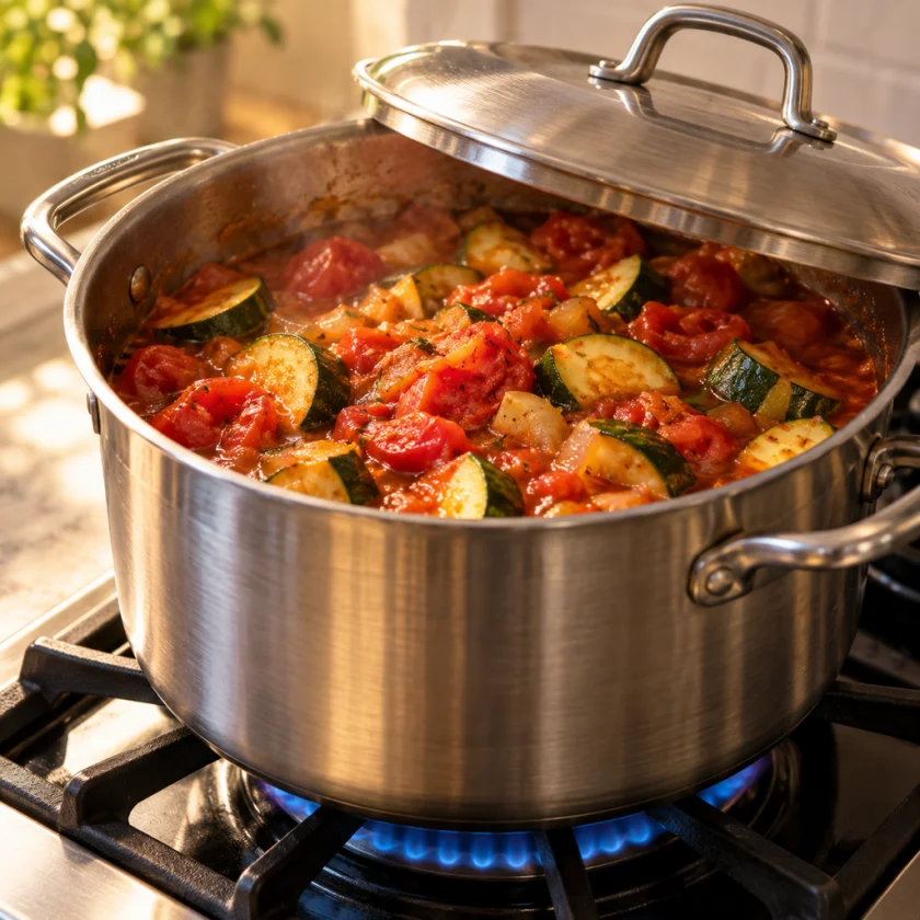 Heavy stainless pot with lid on a low gas flame with stewed tomatoes and zucchini inside