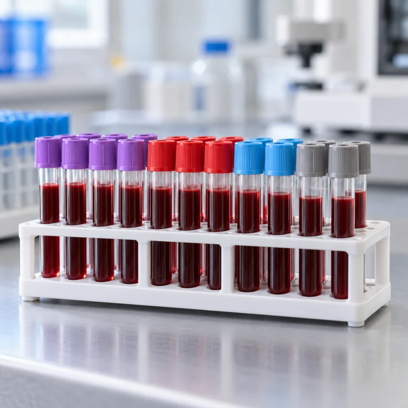 Rack of blood sample tubes on a clean laboratory bench, no labels