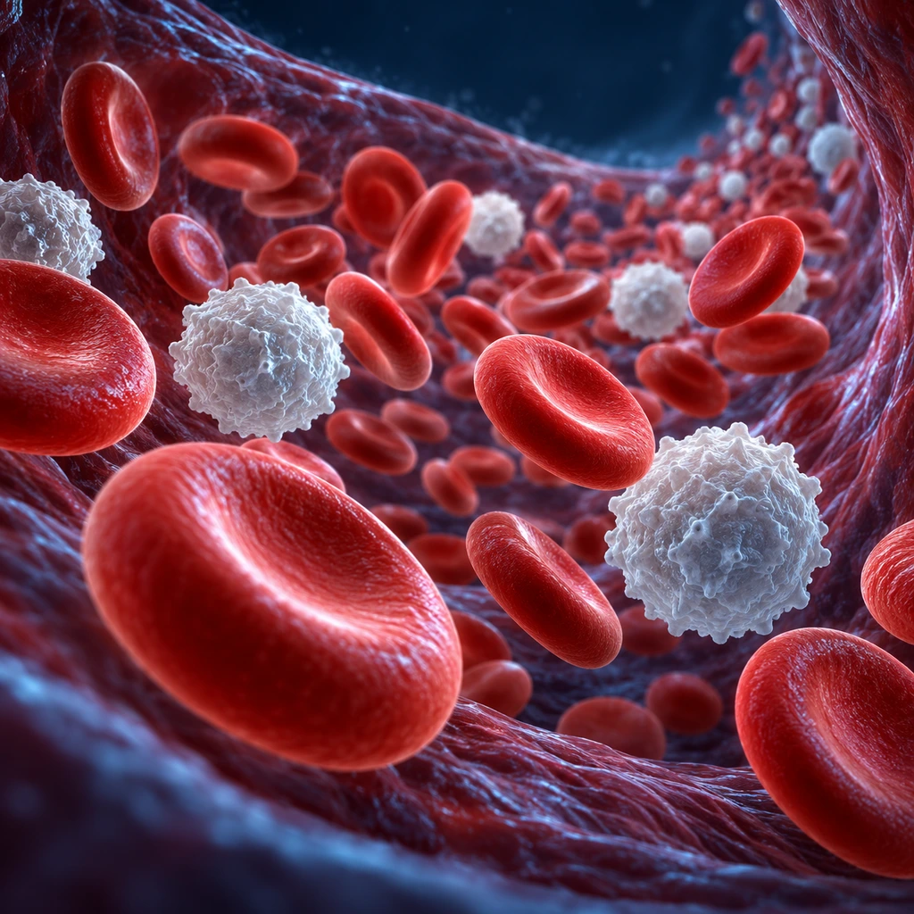 Red and white blood cells flowing through a vessel