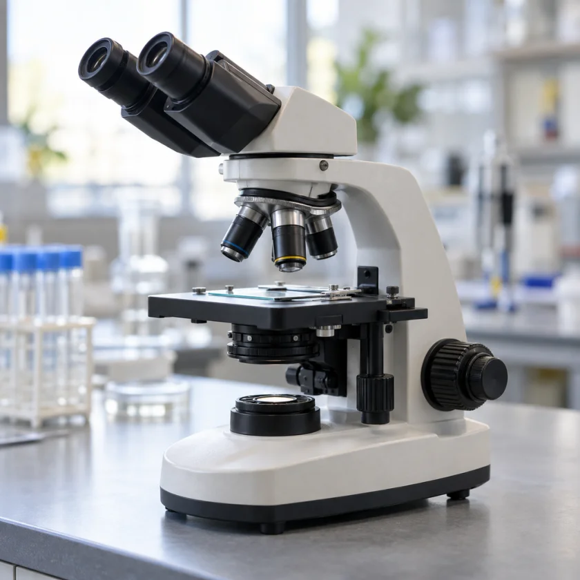 Microscope on a lab bench in soft light