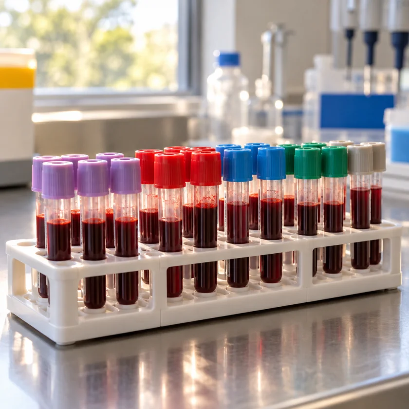Clinical lab bench with unlabelled blood tubes in a rack, no people