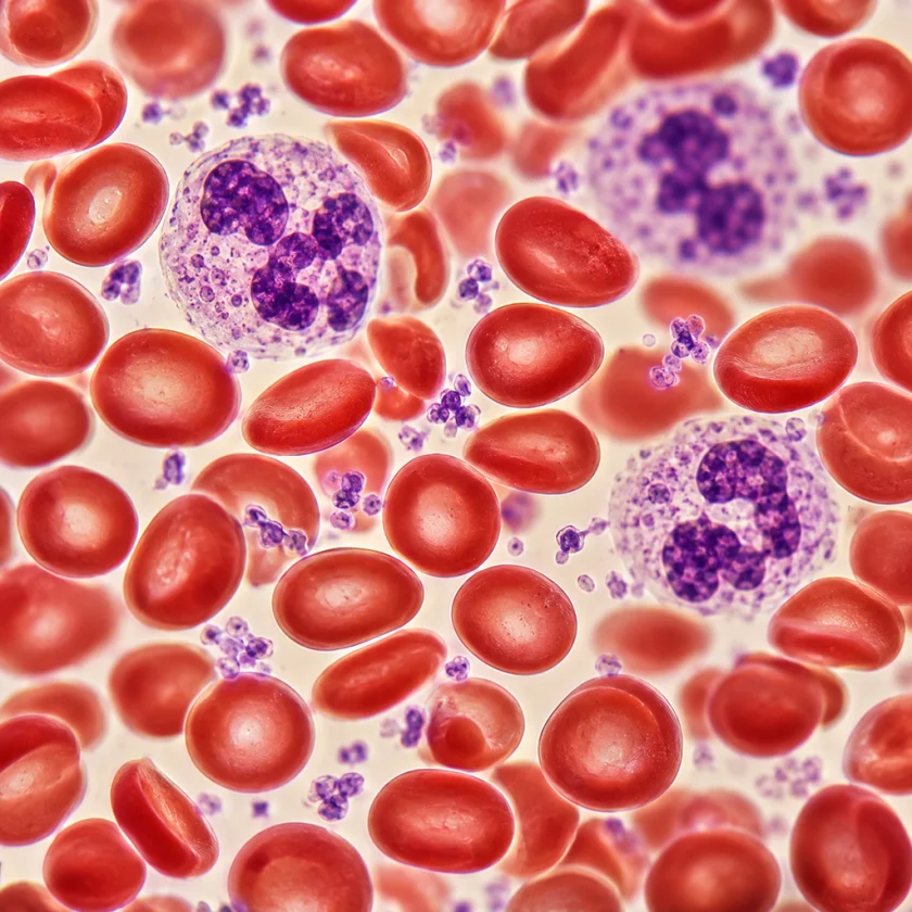 Red cells, white cells and platelets under a microscope, close-up