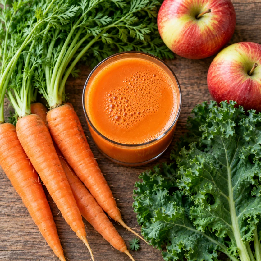 Flat-lay glass of fresh raw vegetable juice beside carrots, greens, apples