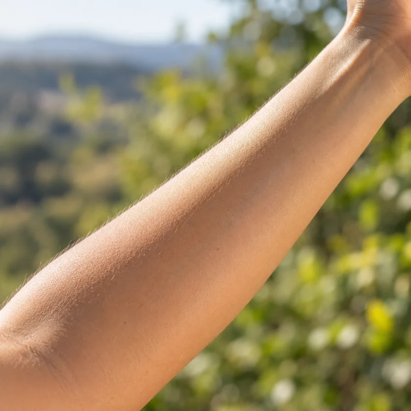 Sunlit skin of a forearm outdoors in soft light, no face (calm healthy skin)