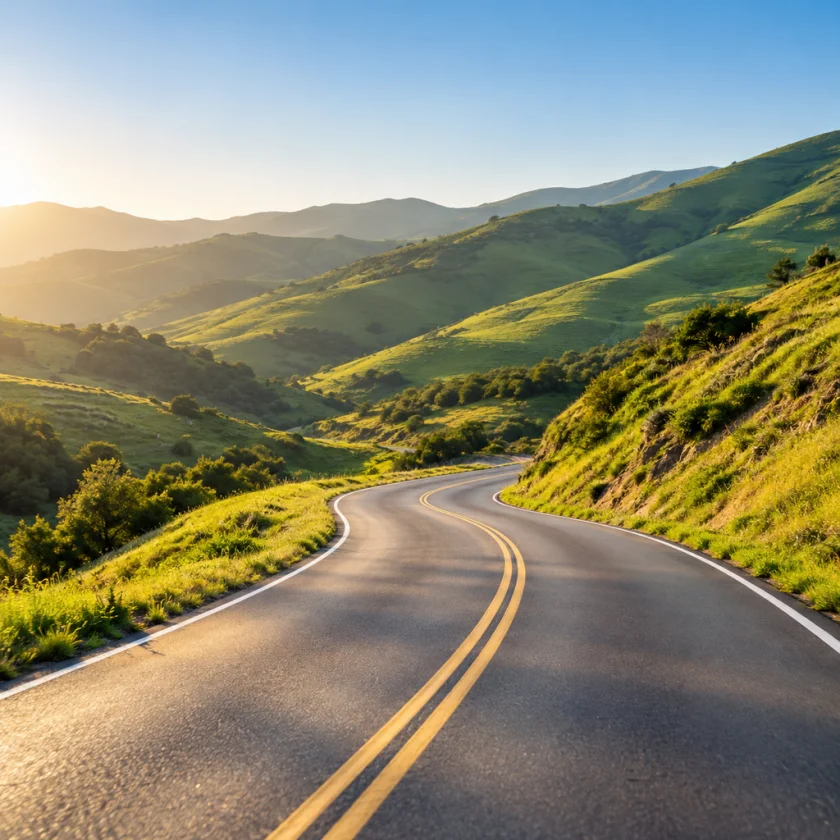 Sunlit open road through green hills