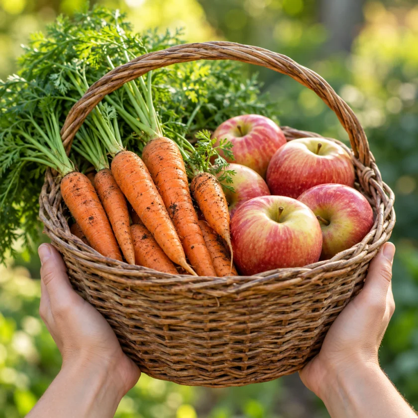 Garden harvest basket of carrots and apples held in two hands, hands only