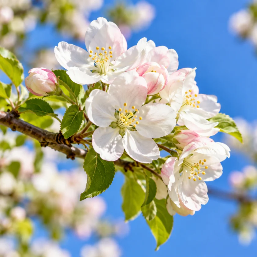 Bright spring blossom on a branch against blue sky