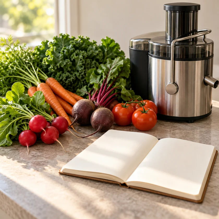 Kitchen counter with organic vegetables, an unbranded juice press and an open diary