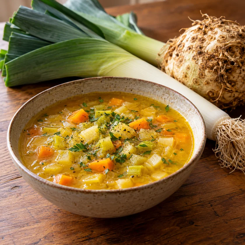 Bowl of golden vegetable soup on a wooden table beside fresh leeks and celery root