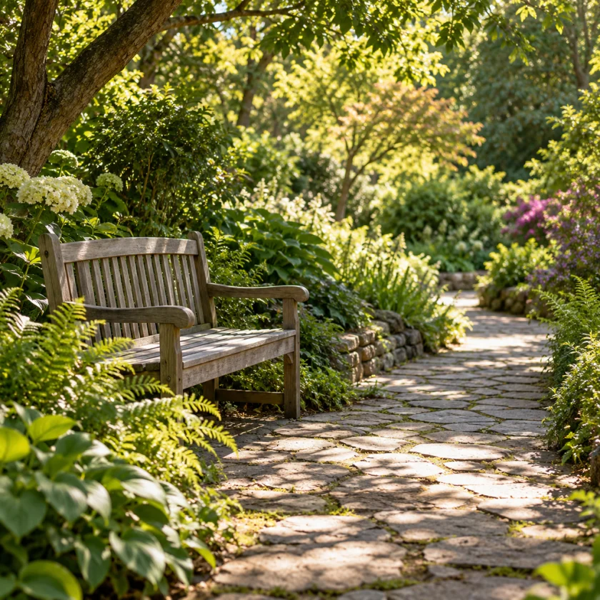 Quiet garden path with dappled sunlight and a wooden bench
