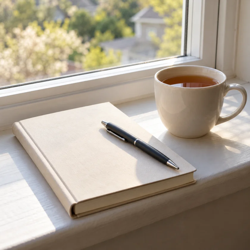 A journal and pen on a windowsill beside a cup of tea