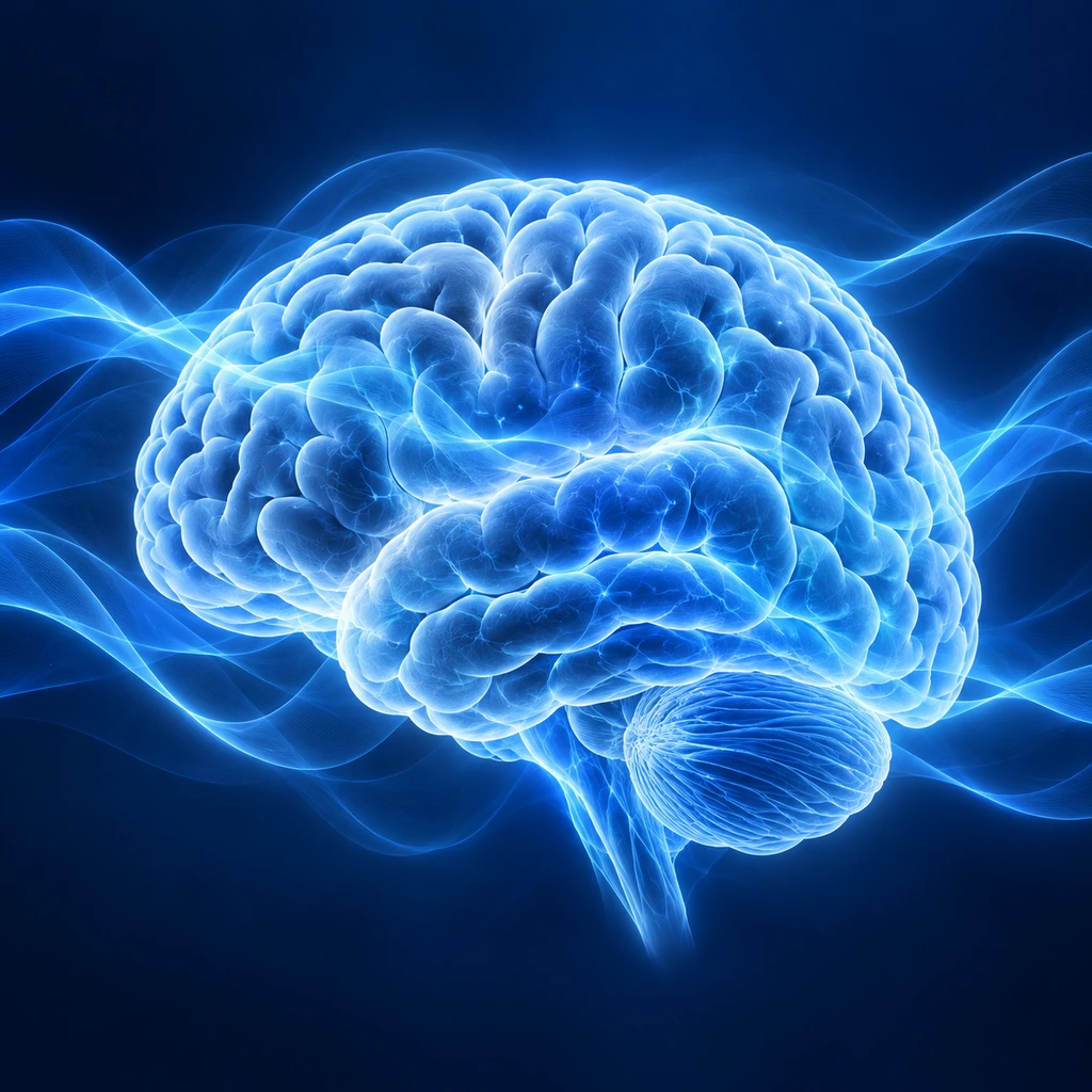 Brain glowing with calm blue waves