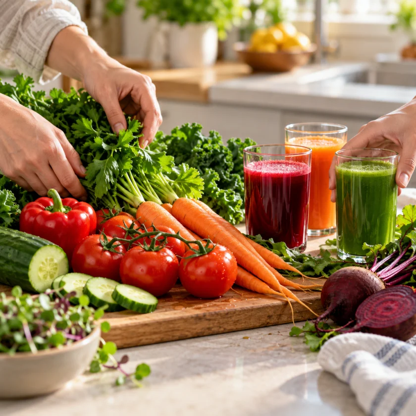 Kitchen counter set for a day of care with fresh vegetables and glasses of juice, hands only