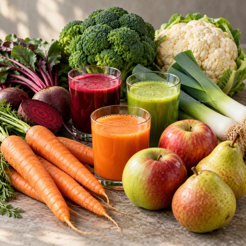 Still life of carrots, beets, broccoli, leeks, cauliflower, apples, pears and glasses of fresh juice
