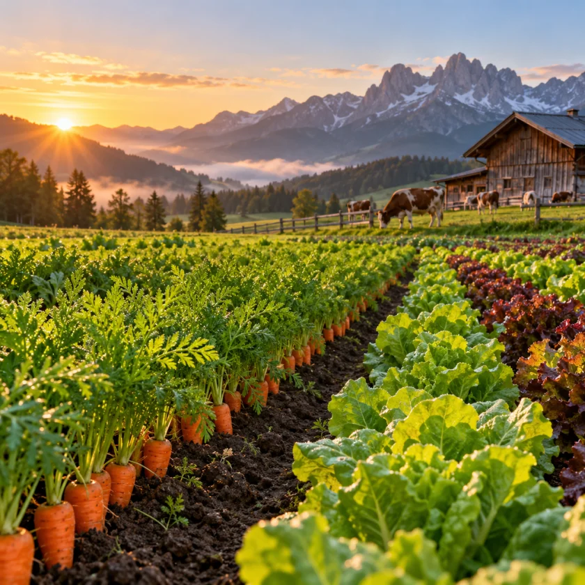 Mountain dairy farm with carrot and lettuce rows at dawn, no people