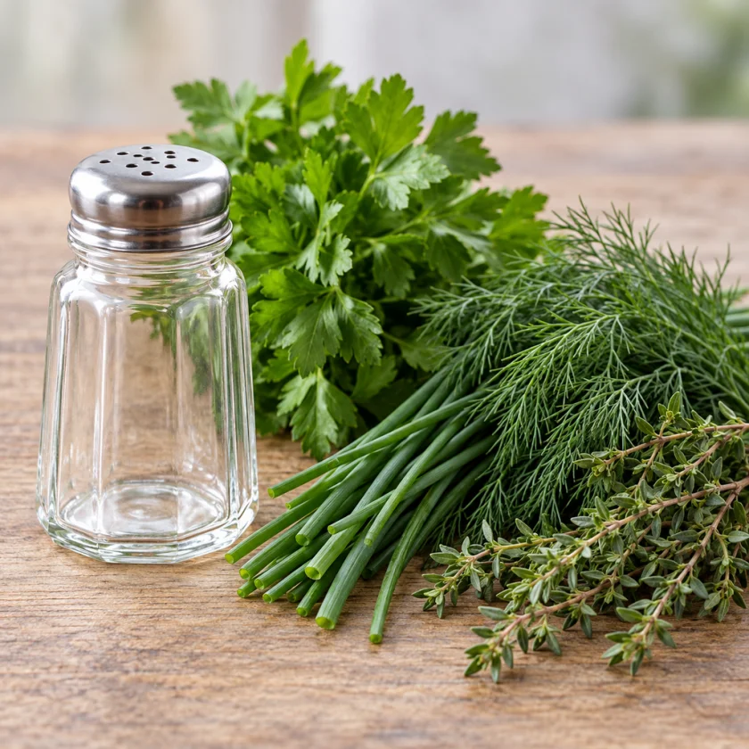 An empty salt shaker beside fresh herbs: parsley, chives, dill and thyme