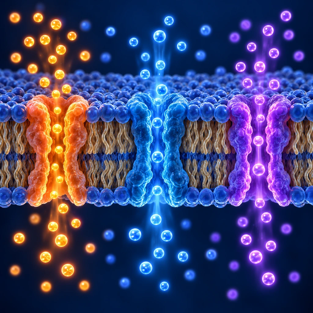 Cell membrane with glowing channels pumping ions