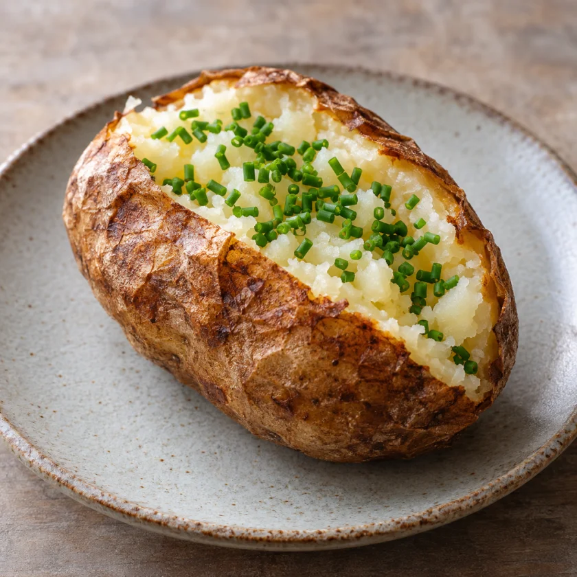 Baked potato with fresh chives on a rustic plate