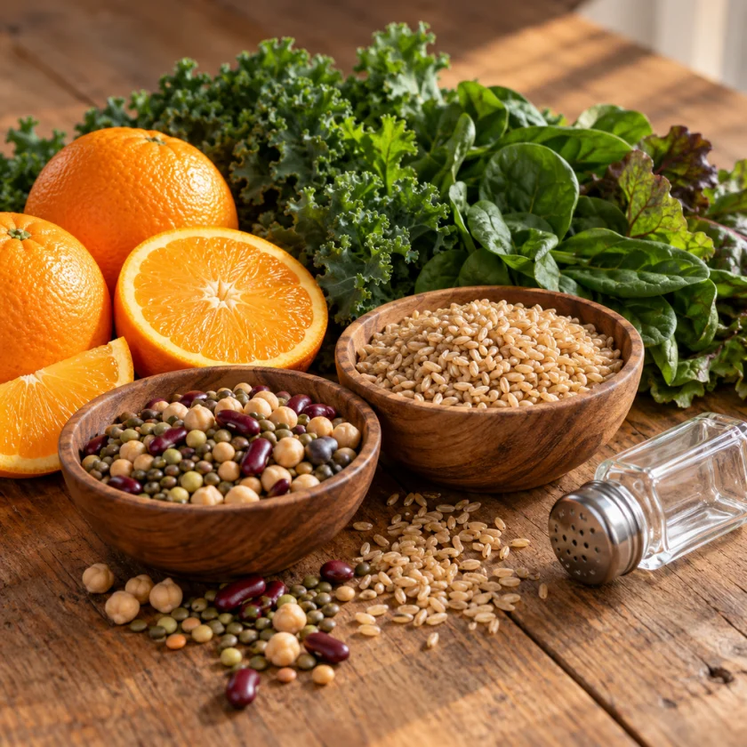 Fresh oranges, leafy greens, legumes and whole grains on a wooden table with an empty salt shaker pushed aside