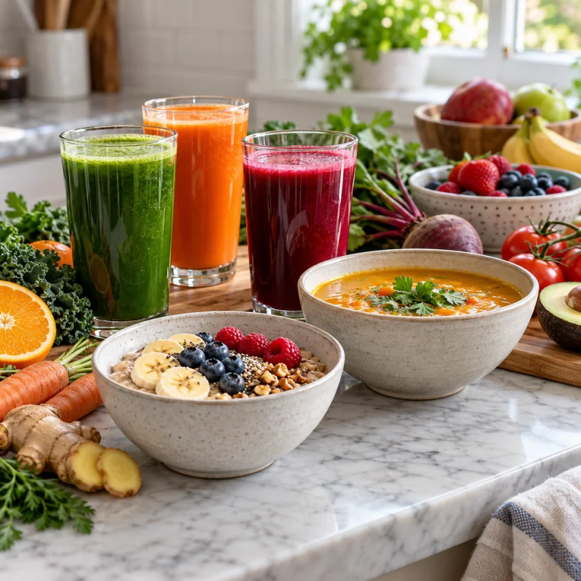 Kitchen counter with juices, soup, oatmeal and fresh produce arranged for a full day