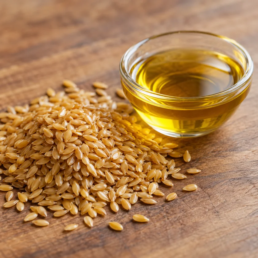 Golden flaxseeds and a small bowl of flaxseed oil on a wooden board