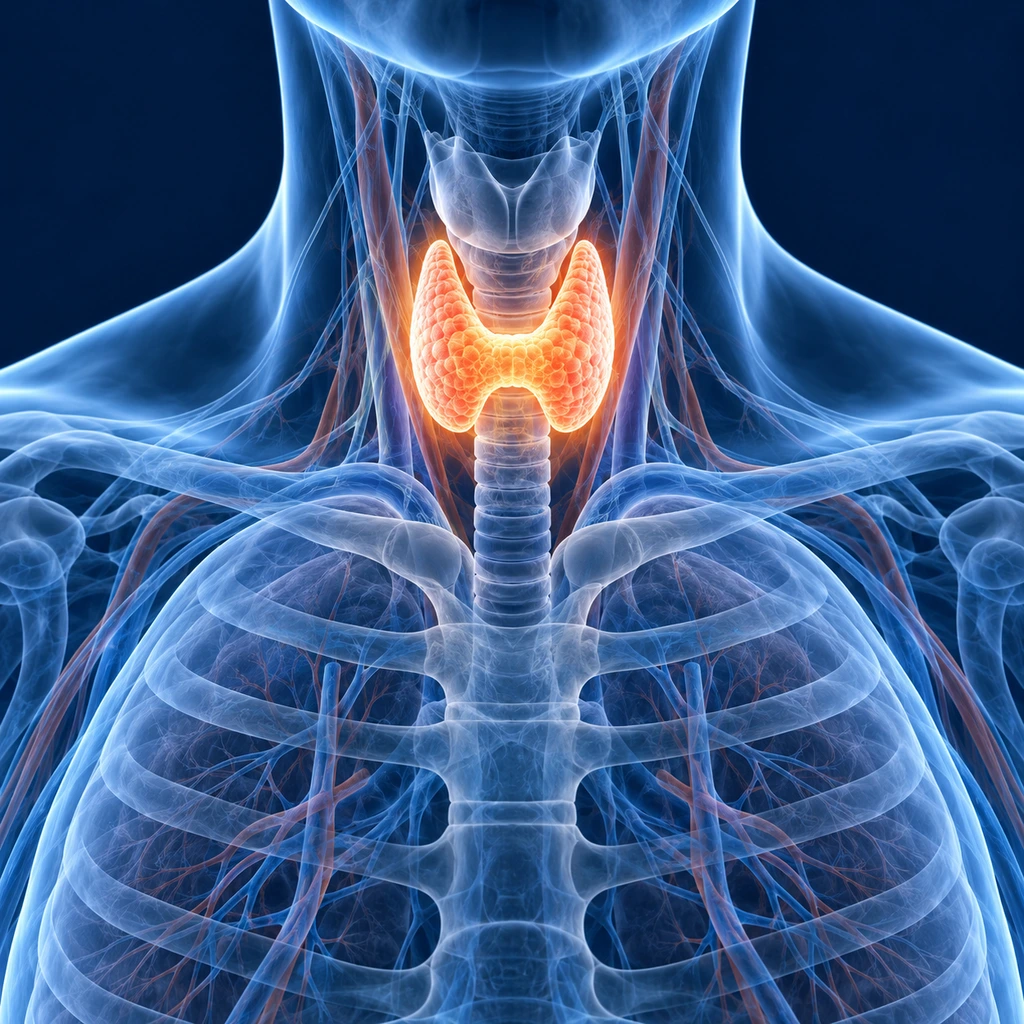 Thyroid gland glowing softly in the neck region of a translucent body