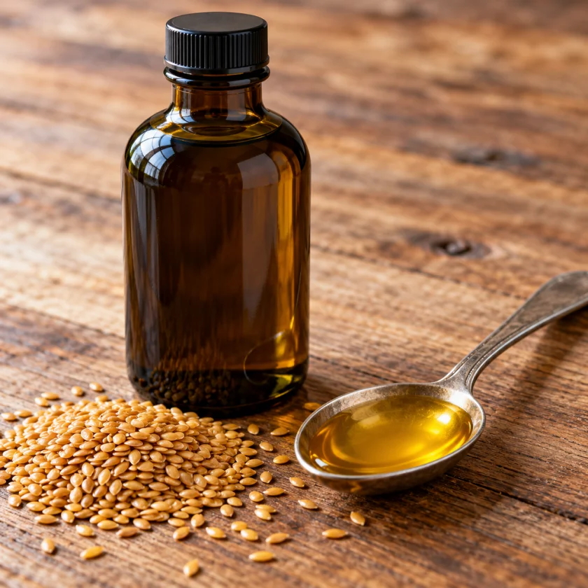 Dark glass bottle of cold-pressed flaxseed oil with a tablespoon and golden flax seeds on a wooden table
