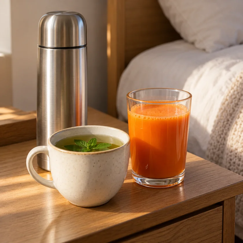 Thermos and a cup of peppermint tea beside a glass of fresh carrot juice on a bedside table