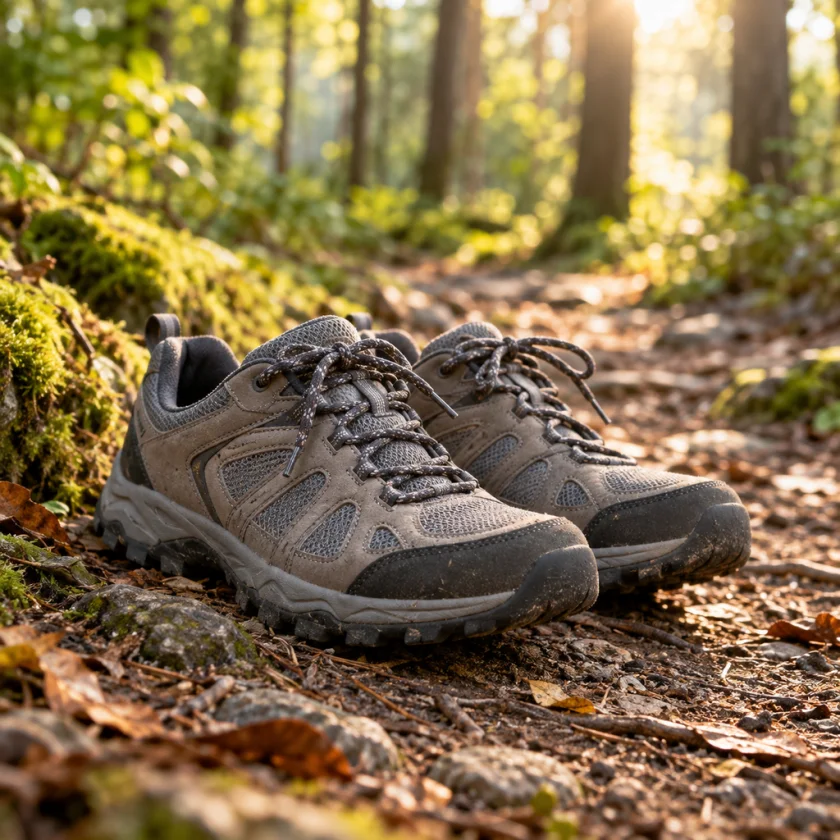 A pair of walking shoes on a forest trail in morning light