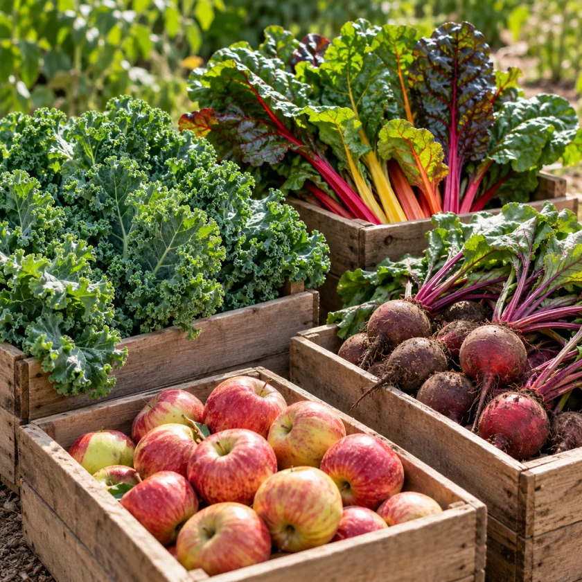 Garden harvest of kale, chard, beets and apples in wooden crates