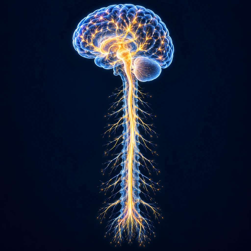 Glowing neural network of a human brain and spinal cord