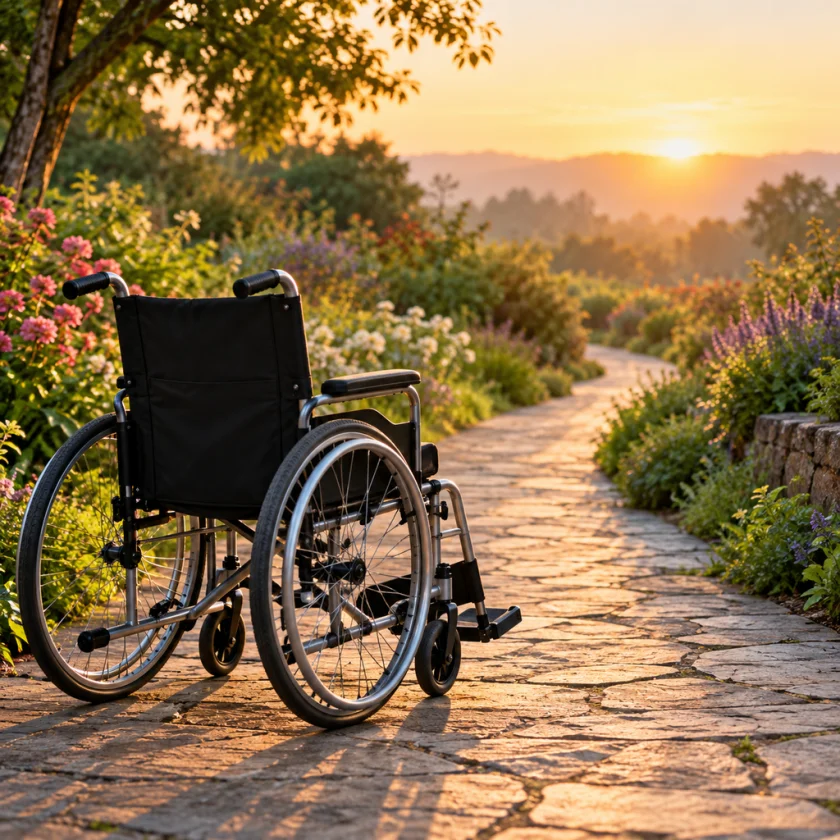 Empty wheelchair on a garden path at dawn with a walking path leading away