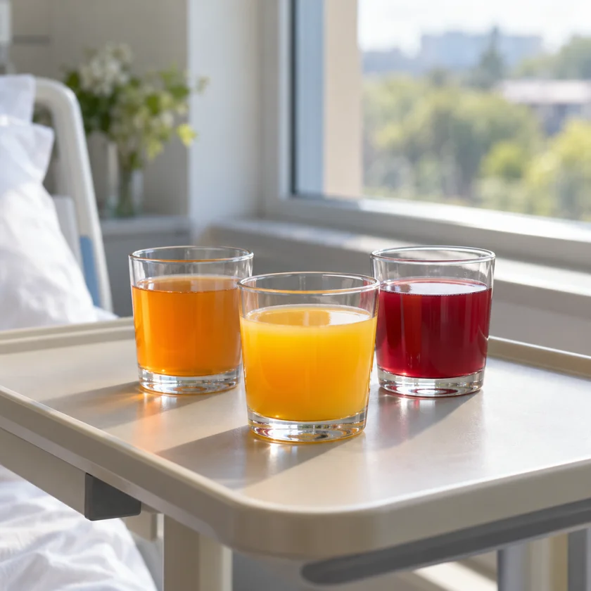 Small glasses of fresh juice on a hospital-style bedside tray by a window