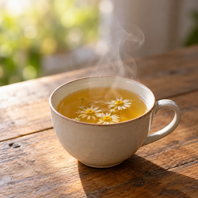 A cup of chamomile tea steaming on a wooden table