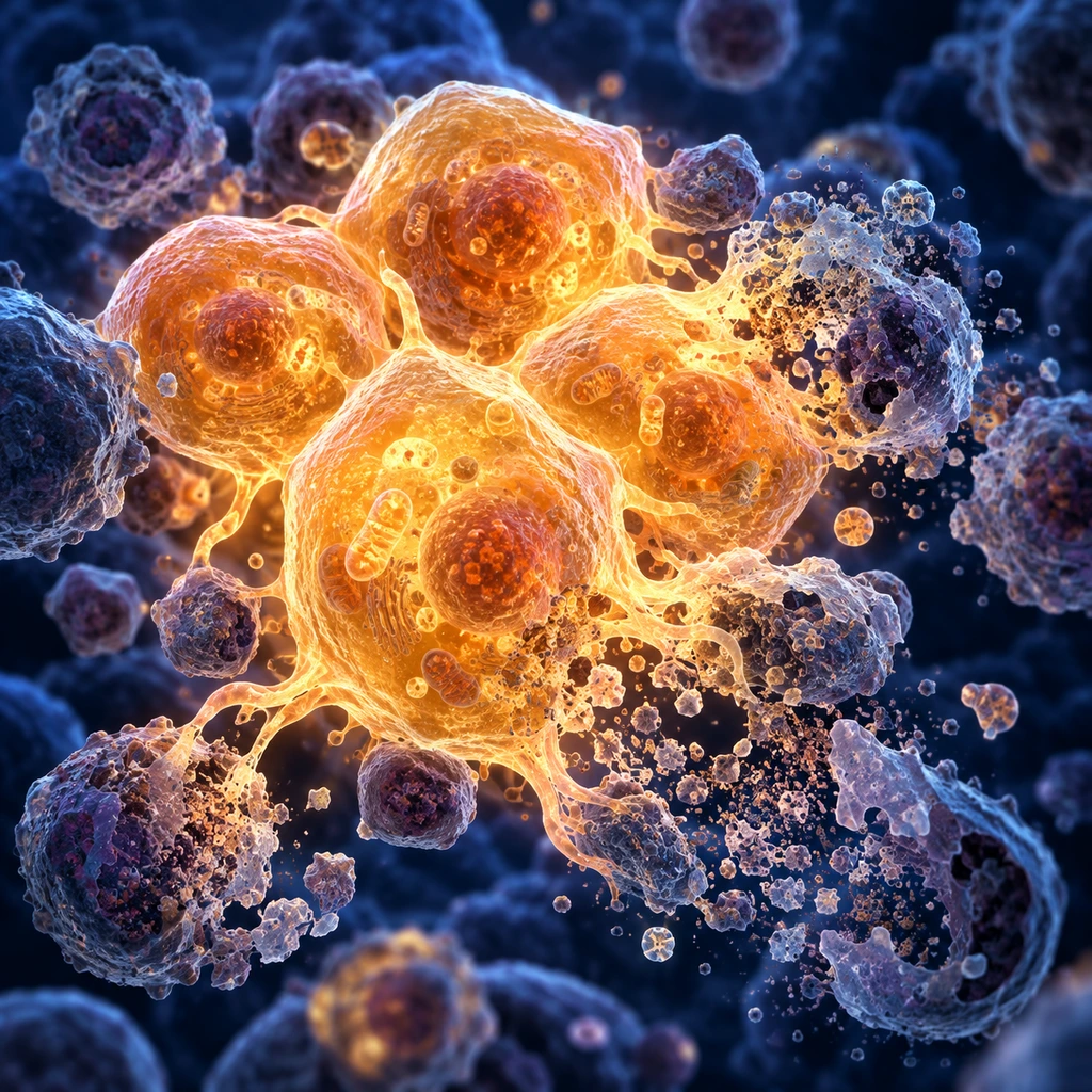 Cells being cleared away by glowing liver cells