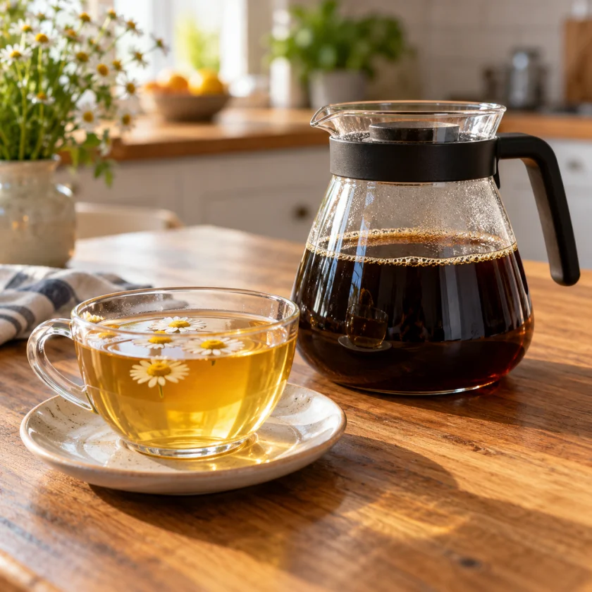 Cup of chamomile tea beside a glass carafe of brewed coffee on a kitchen table