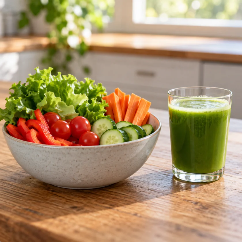 A bowl of raw vegetables and a glass of green juice on a kitchen table