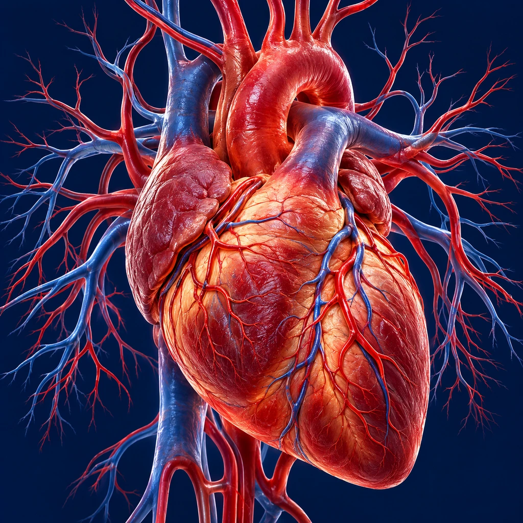 Glowing human heart and blood vessels