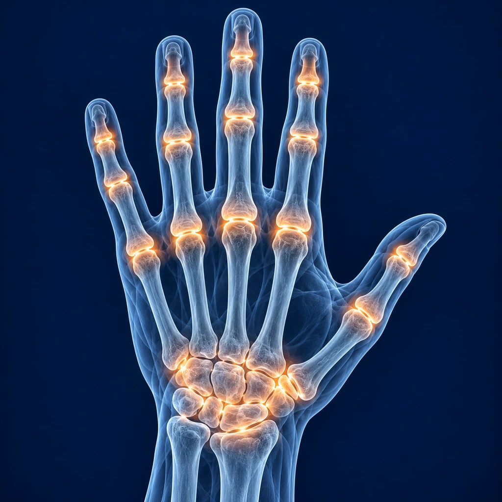 Joints of a hand glowing faintly, translucent skeletal view