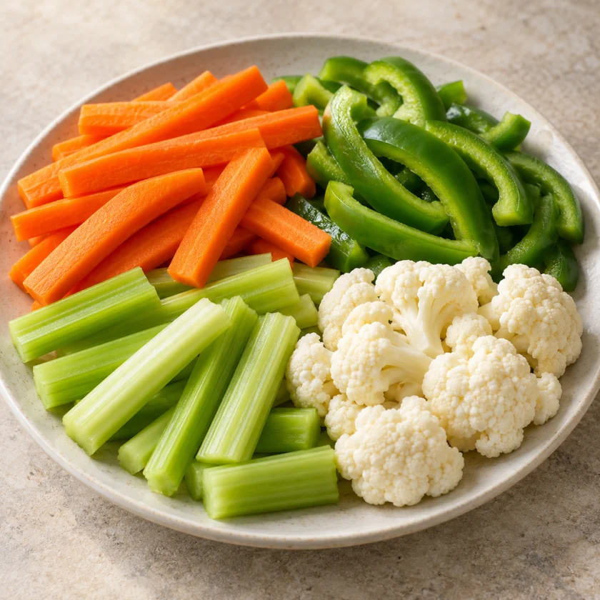 Plate of raw carrot sticks, green pepper strips, celery and cauliflower florets