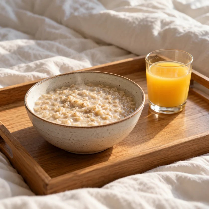 A warm bowl of oatmeal gruel and a small glass of juice on a tray in bed