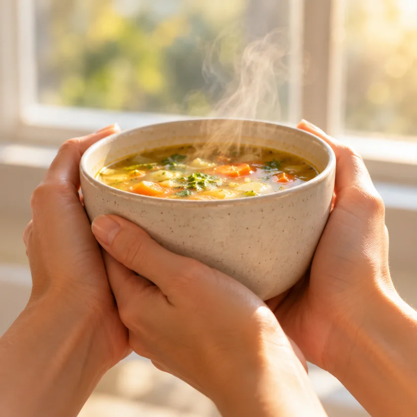 Hands holding a warm cup of soup by a sunny window, hands only
