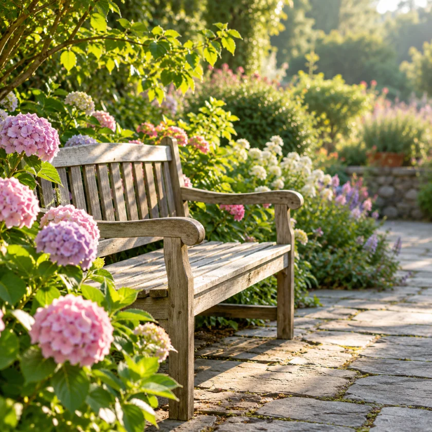 Morning light on an empty garden bench beside blooming flowers