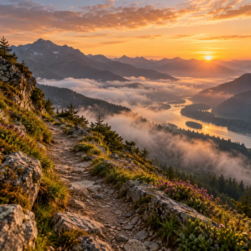Misty mountain path above a river valley at sunrise, no people
