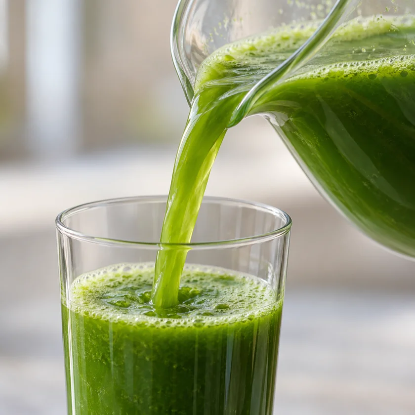 Freshly pressed green juice being poured from a pitcher into a glass
